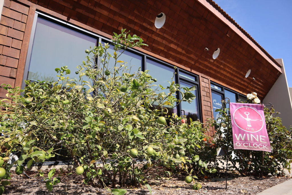 Camarillo Barrelworks Exterior, banner says Wine O'Clock